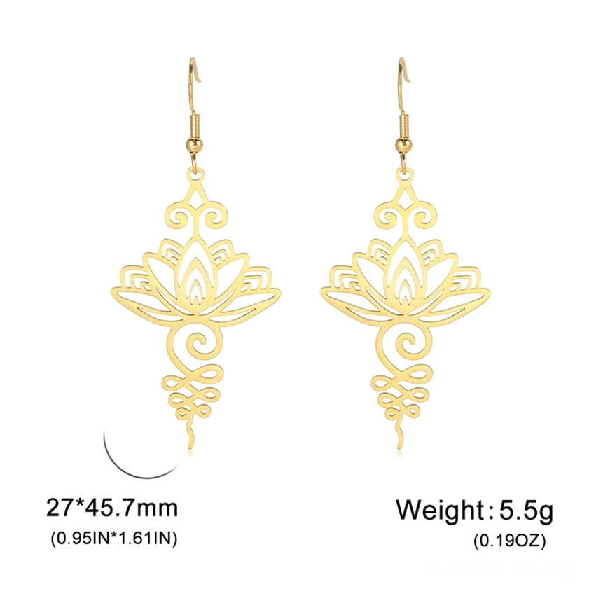 Buddhist lotus earrings close-up of hollow filigree detail and premium stainless steel quality
