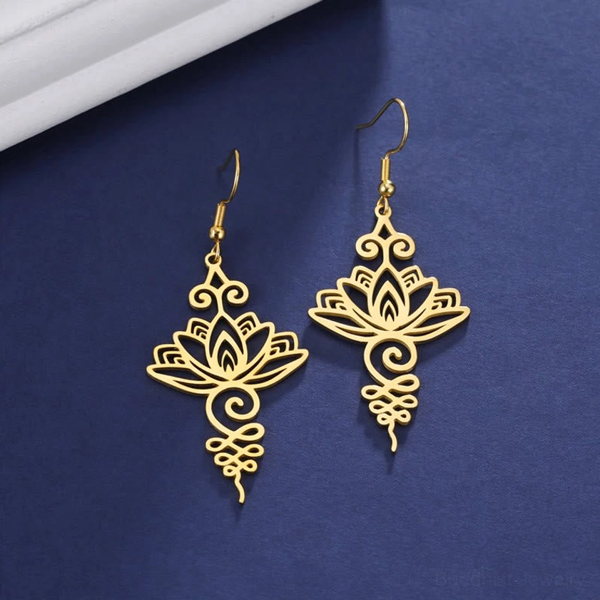 Silver and gold lotus drop earrings comparison showing color options for Buddhist enlightenment jewelry