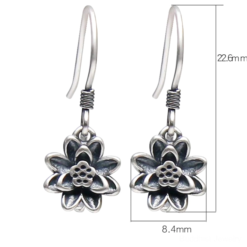 Lotus flower earrings size measurement chart showing 22.6mm length and 8.4mm width dimensions with intricate lotus design