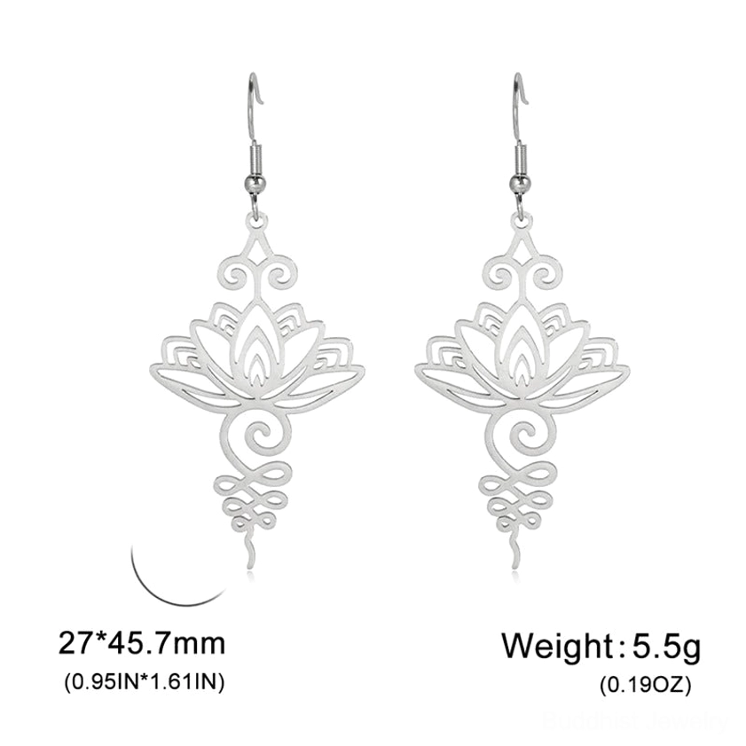 Silver hollow lotus flower drop earrings specifications 27mm x 45.7mm with weight 5.5g on white background