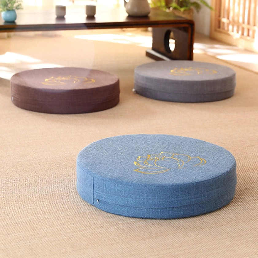 Round meditation floor cushion beige linen large lotus embroidery buddhist practice