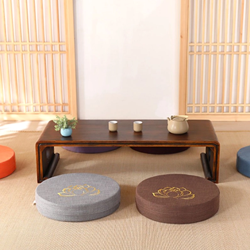 Multi-color round meditation seat cushions Japanese tea room wide-angle view small lotus patterns
