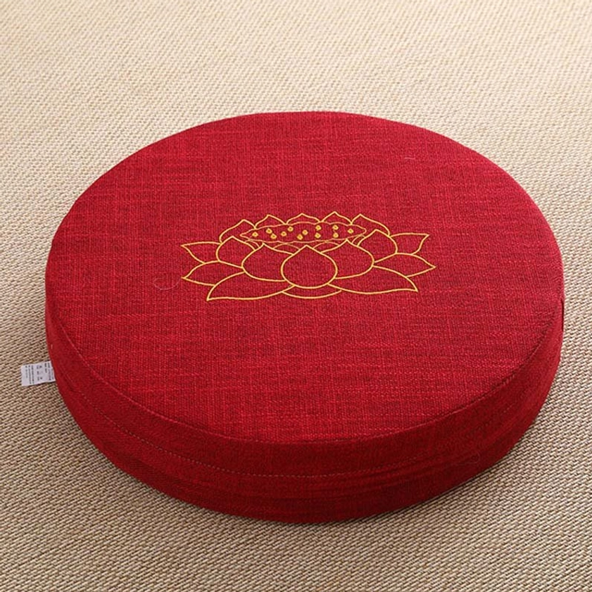 Fire brick red round meditation cushion gold lotus pattern buddhist enlightenment symbol