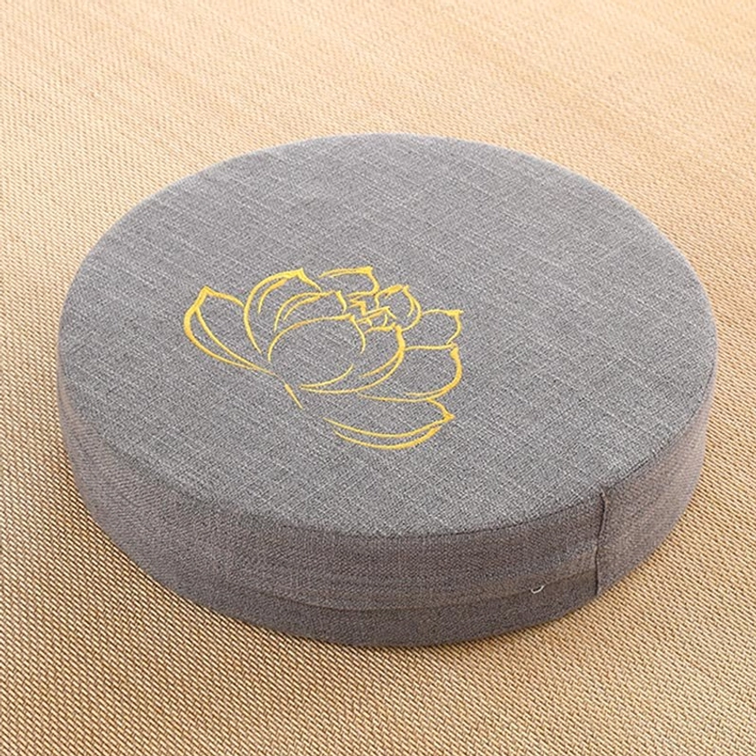 Single round meditation floor cushion top-down view light grey linen large gold lotus embroidery design