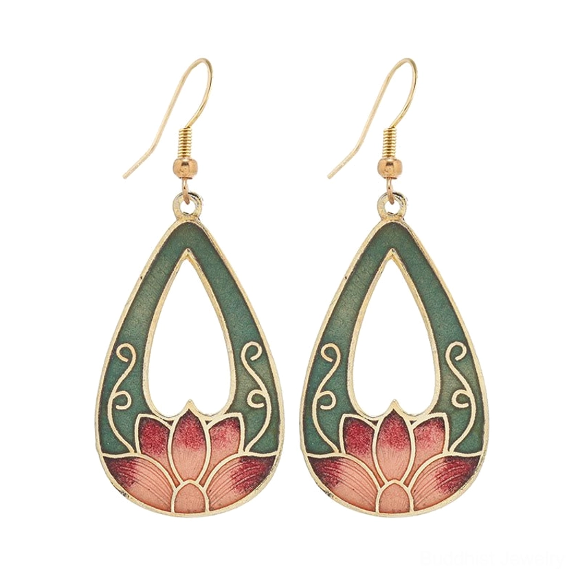 Classic green enamel lotus pattern drop earrings with secure gold ear hooks on white background