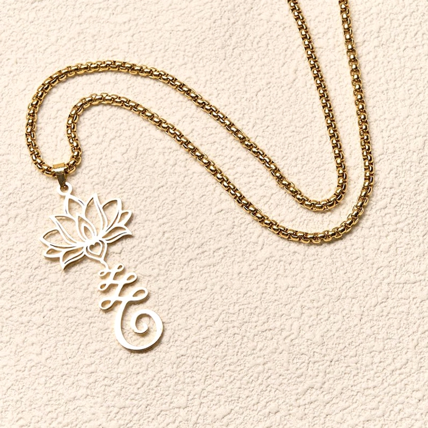 Black tone lotus Buddhist pendant necklace showing pendant and chain from front facing angle on studio background