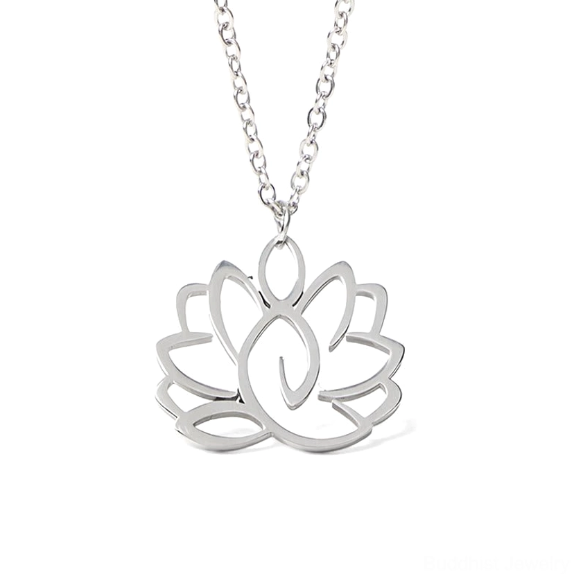 Large hollow lotus necklace front close-up view on pure white background, bold hollow lotus shape with polished silver finish