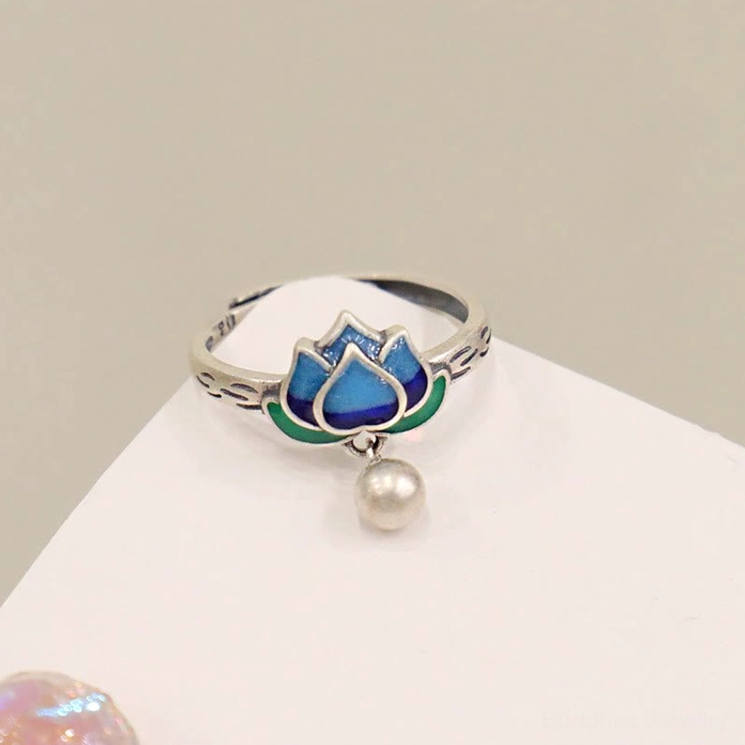 Buddhist lotus enlightenment ring showcase with multiple angles displaying craftsmanship of silver band and cloisonné enamel work