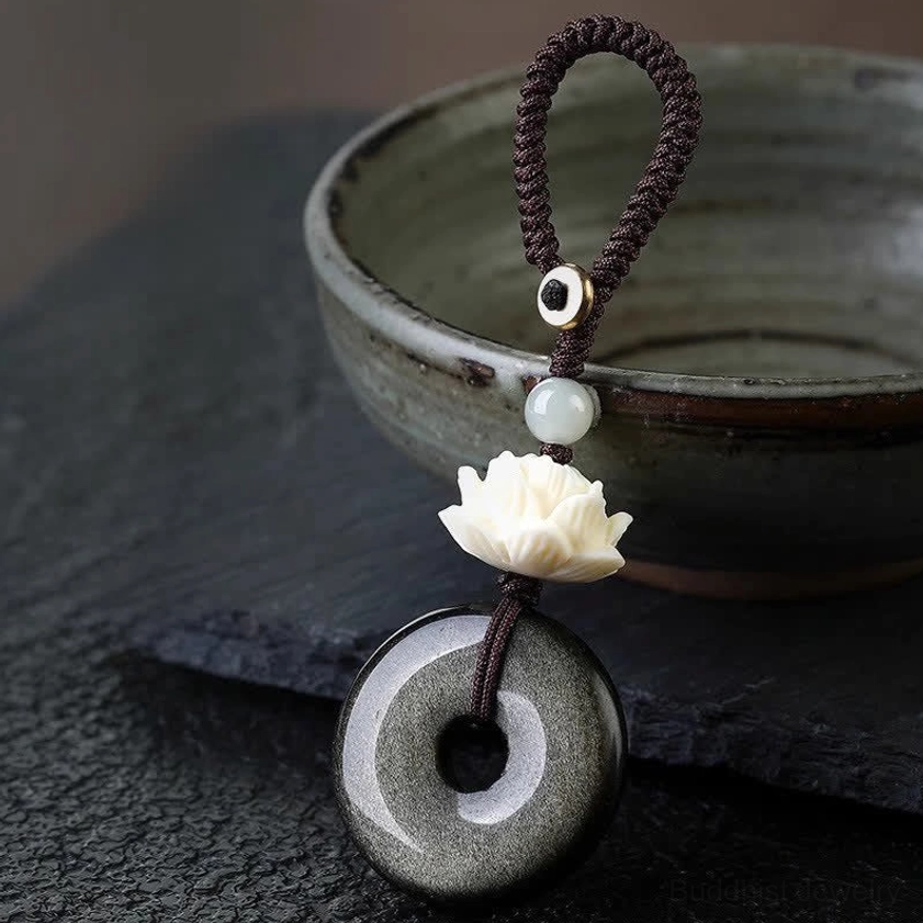 Carved ivory resin lotus flower component and braided rope for buddhist peace buckle keychain