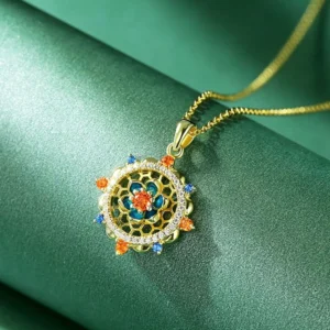 925 sterling silver lotus flower pendant with colorful zircon accents, handmade Buddhist necklace for enlightenment and new beginning