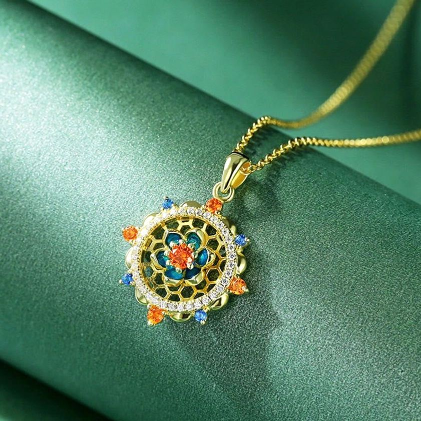 925 sterling silver lotus flower pendant with colorful zircon accents, handmade Buddhist necklace for enlightenment and new beginning