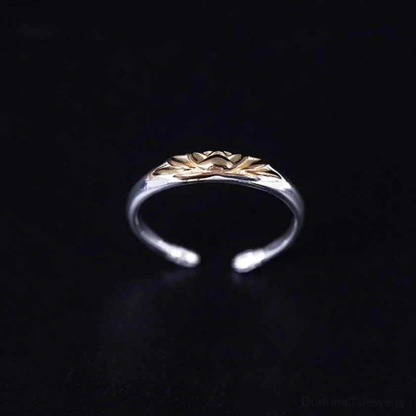 925 sterling silver lotus flower ring front top view with full embossed gold lotus on adjustable silver band
