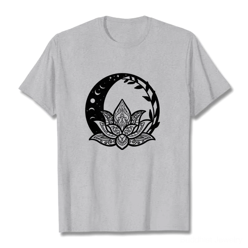 Light grey Buddhist graphic t-shirt lotus flower sun moon intertwining vines design unisex
