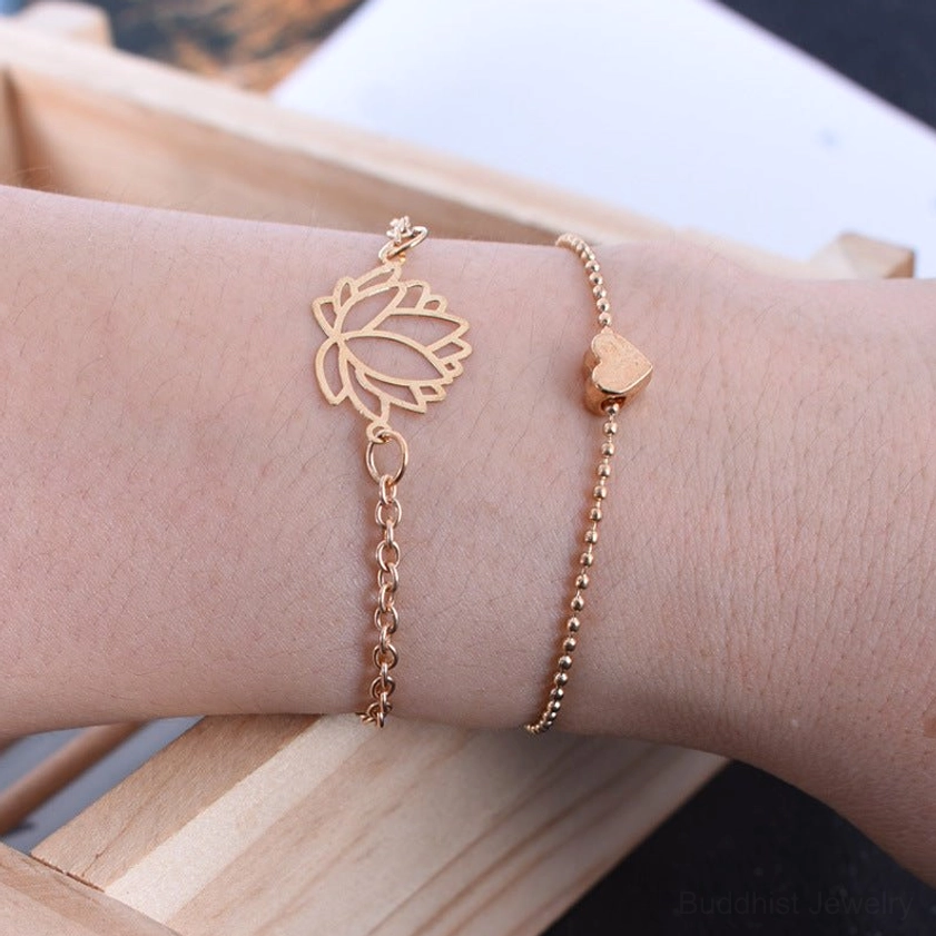 Side view of lotus heart bracelet on wrist demonstrating slim fit and rose gold plated metal