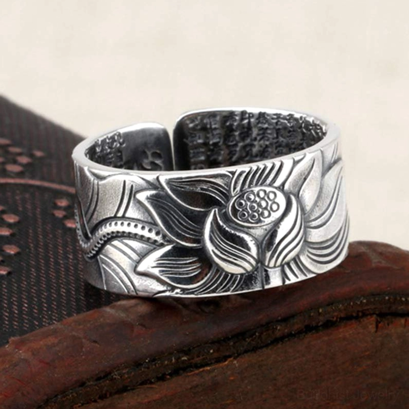 Hand-Engraved Lotus and Heart Sutra Buddhist Ring – Wide Band Sterling Silver with Sacred Inscriptions