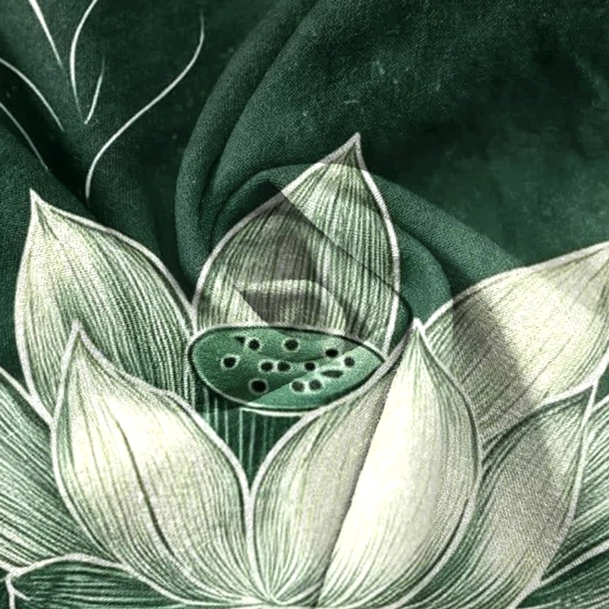 Hand-drawn lotus print fabric texture detail - white lotus with green seedpod on wrinkled pure organic cotton material