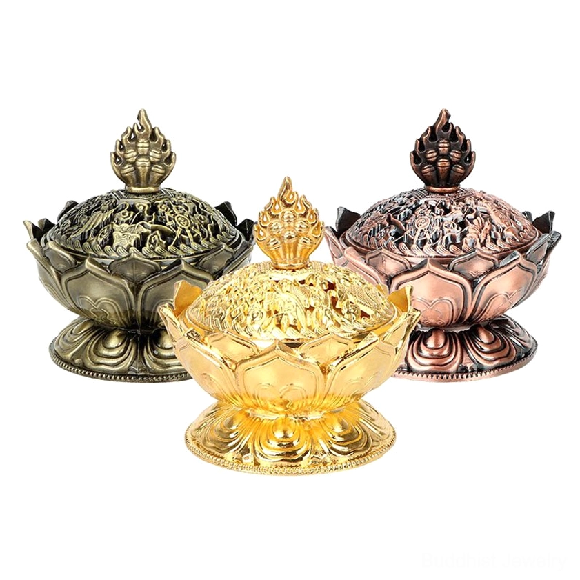 Traditional Buddhist lotus censer atmospheric shot showing the burner as functional art and meditation tool in spiritual space
