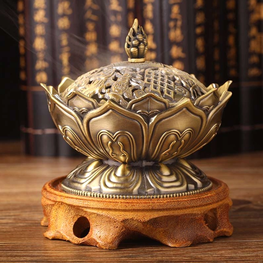 Bronze finish lotus incense burner variant showing warm metallic patina perfect for home altar meditation space and spiritual décor