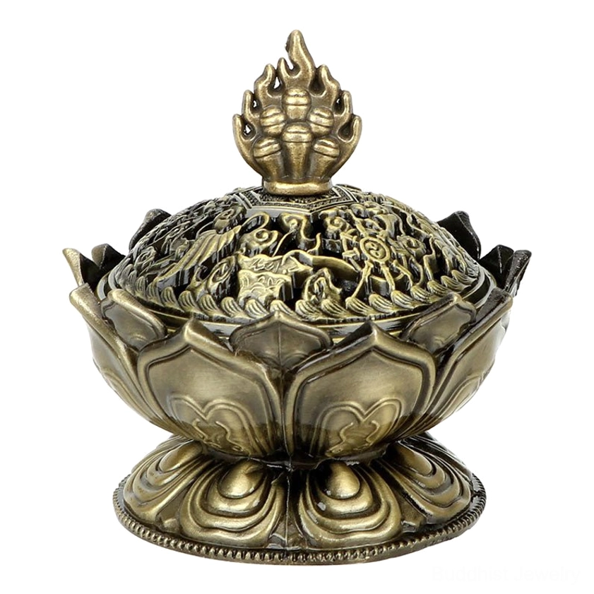 Sacred lotus incense burner detail shot emphasizing intricate carved patterns relief work and premium metal construction quality