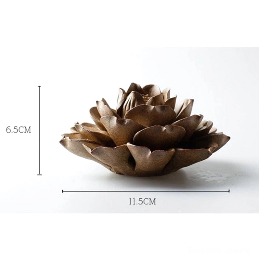 Studio shot of handcrafted lotus ceramic incense burner on white background with marked dimensions 11.5cm width by 6.5cm height