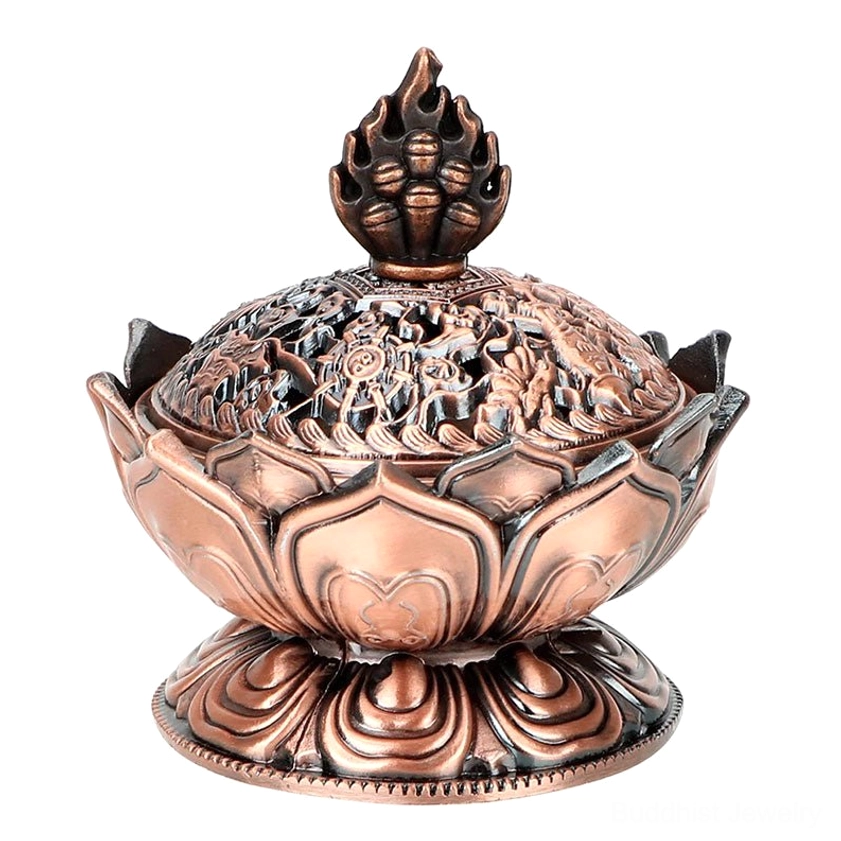 Complete assembled bronze lotus incense burner front view showing fully formed lotus shape carved lid and spiritual aesthetic