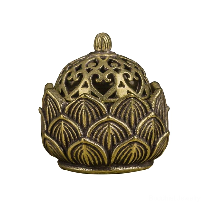 Front full view of fully assembled mini lotus copper incense burner with detailed petal carving and antique brass finish on neutral background