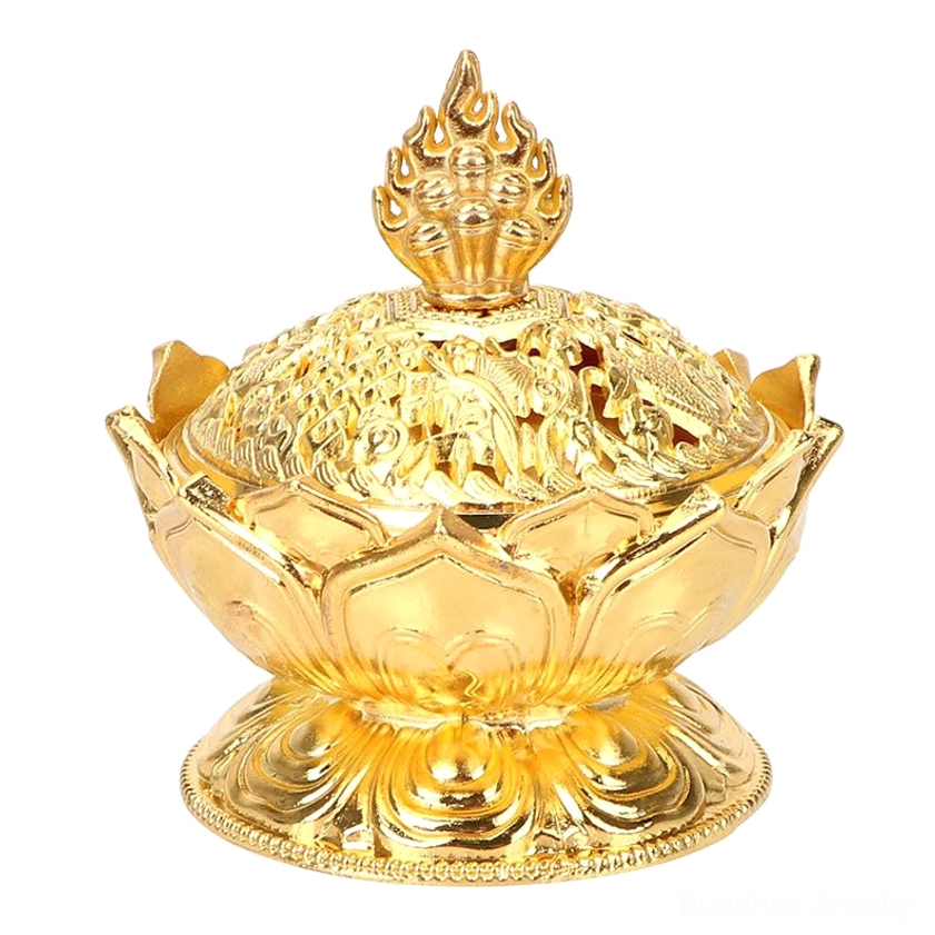 Gold finish Buddhist lotus incense burner reflecting warm light showing luxury metal variant for spiritual altar and meditation space