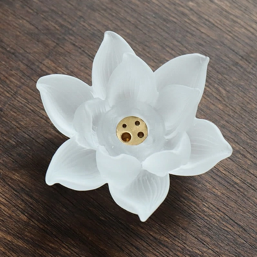 White lotus crystal incense holder multiple angle view showing petal texture carving