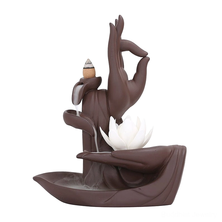 Overhead front view of buddhist lotus incense burner on white background, showing ceramic base with cone incense positioned on top