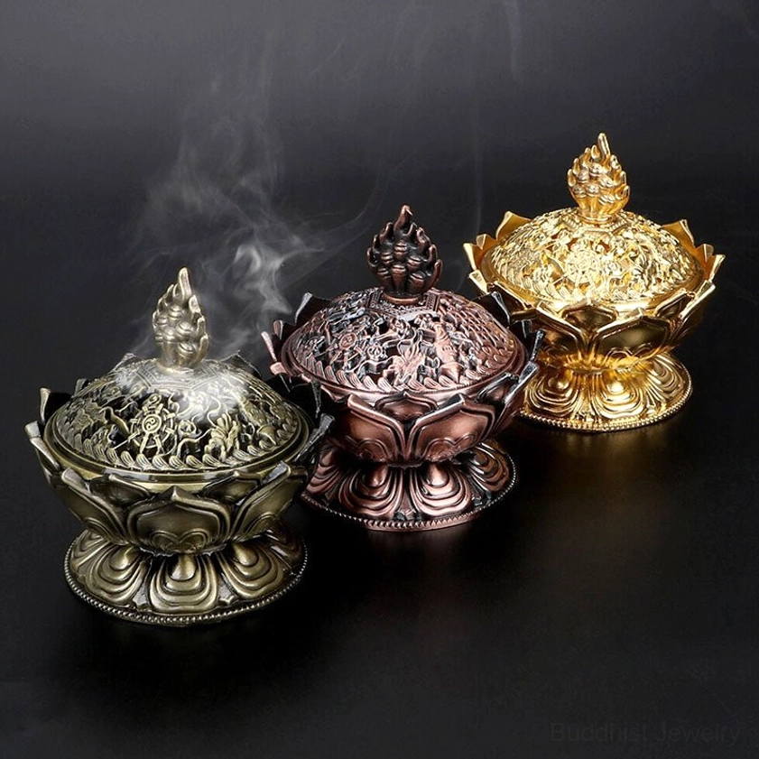 Lotus incense burner packaging and presentation showing handcrafted quality artisanal care and spiritual gift-worthy aesthetic