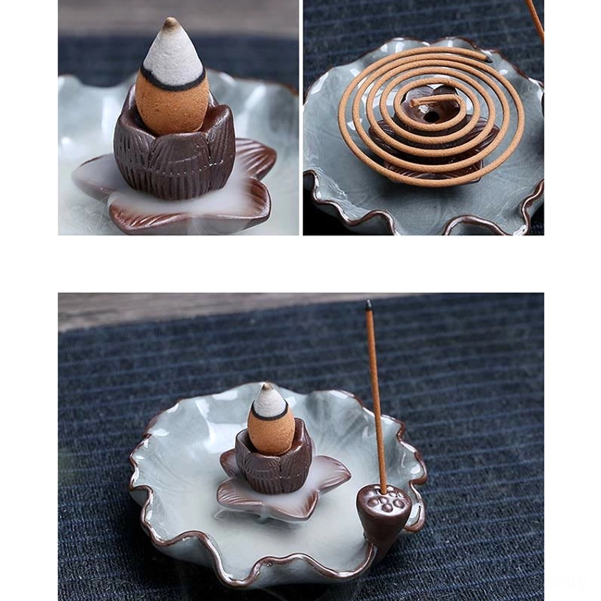 Stacked product showcase of mini lotus incense insert with backflow cone and incense holder set with coil plate