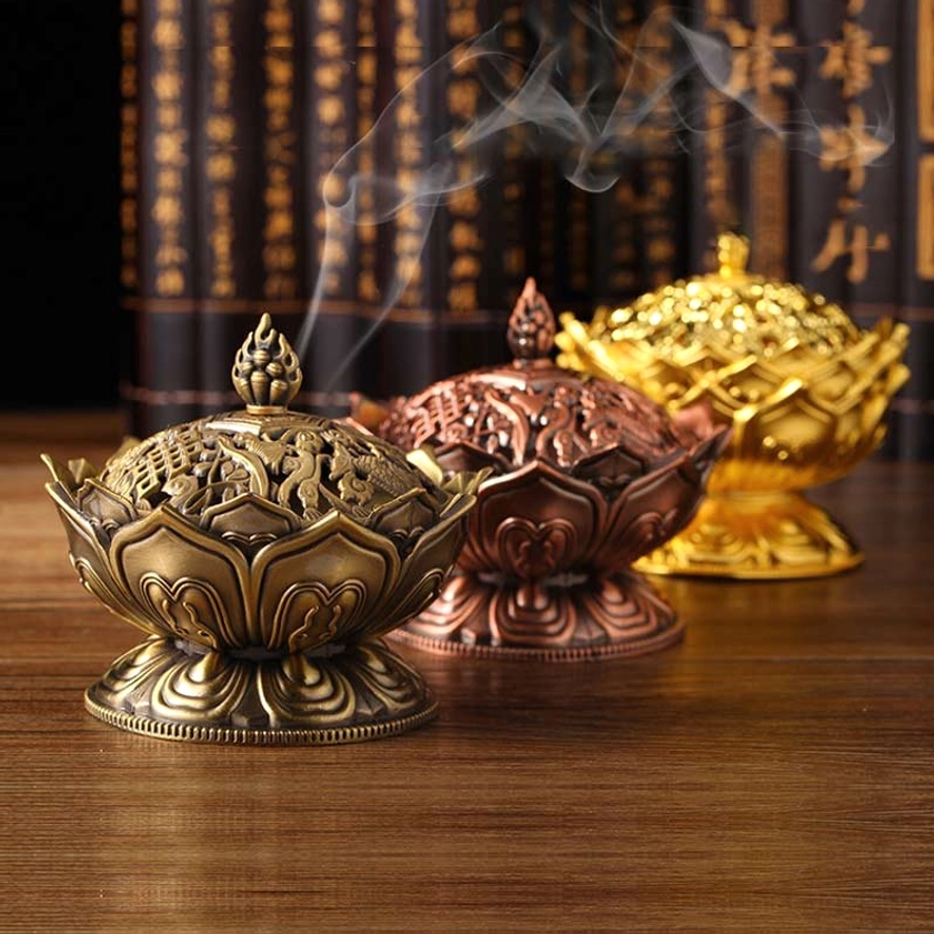 Three-piece lotus incense burner set in bronze gold and copper finishes displaying all available color options for meditation and spiritual practice