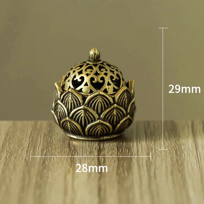 Eye-level product photo of mini lotus copper incense holder with size markings showing 28mm x 29mm dimensions