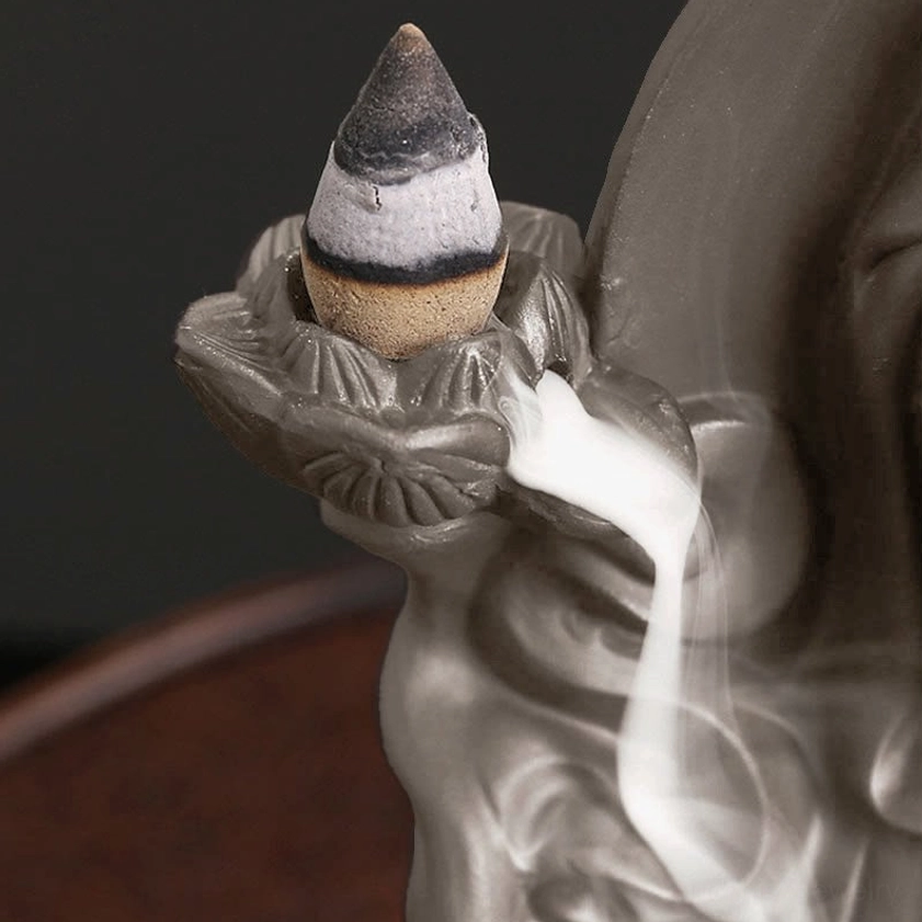 Lotus-shaped ceramic incense cone holder with cascading backflow smoke effect