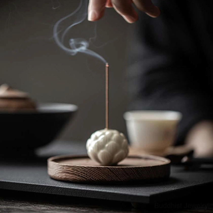 Close-up side view of ceramic lotus incense holder with rising aromatic smoke, traditional Chinese tea set in background