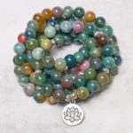Lotus Indian Agate 108 Bead Mala Bracelet with Sacred Pendant - Top View