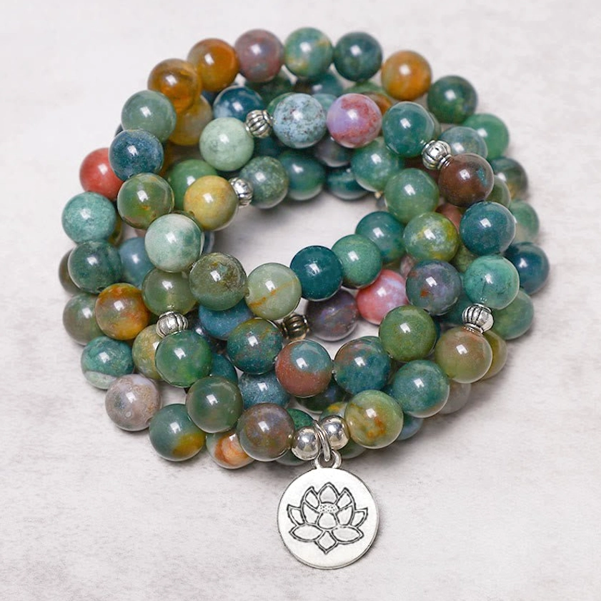 Lotus Indian Agate 108 Bead Mala Bracelet with Sacred Pendant - Top View