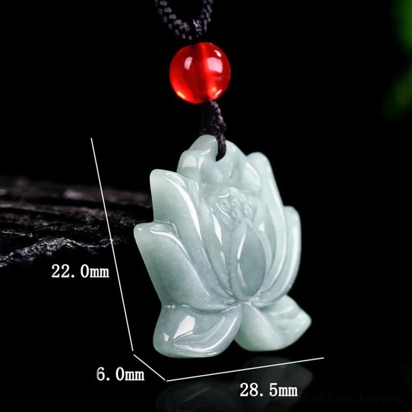 Lotus jade pendant necklace with dimension measurements 28.5x22.0x6.0mm displayed in studio lighting