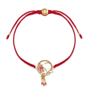 Lotus Koi fish red string bracelet with gold charm and adjustable drawstring, flat lay on white background