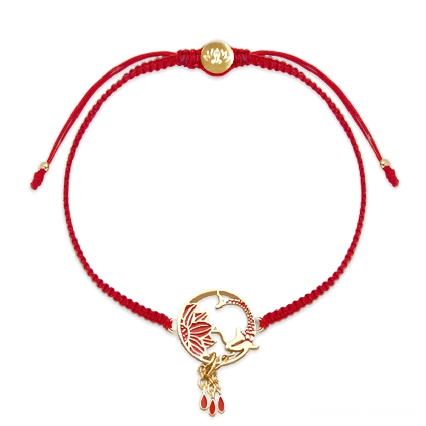 Lotus Koi fish red string bracelet with gold charm and adjustable drawstring, flat lay on white background