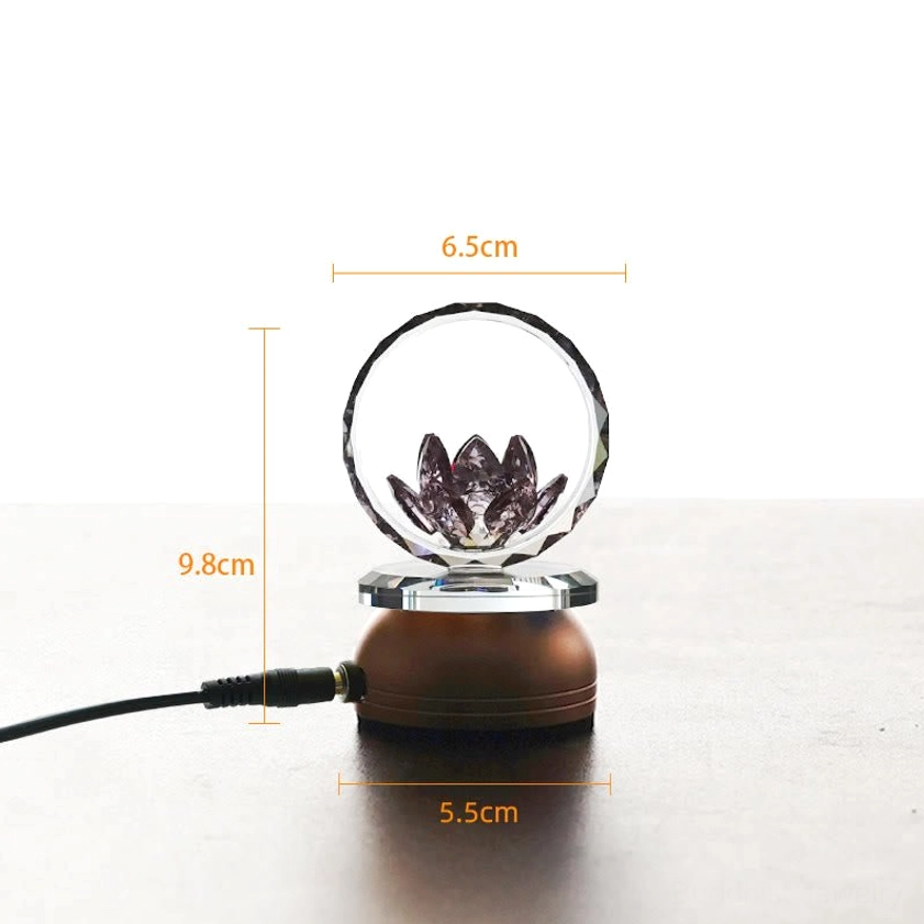 Crystal lotus decorative lamp with copper base and size reference, side view with power cord