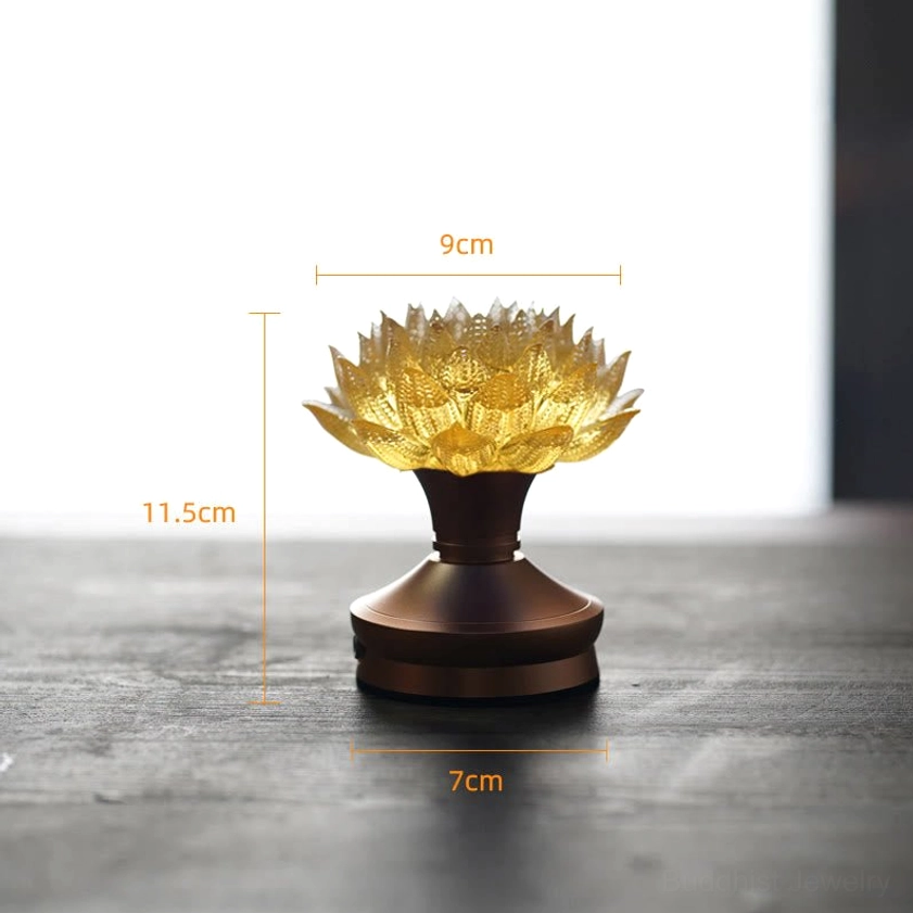 Lotus lamp with warm golden lighting, creating peaceful sanctuary environment