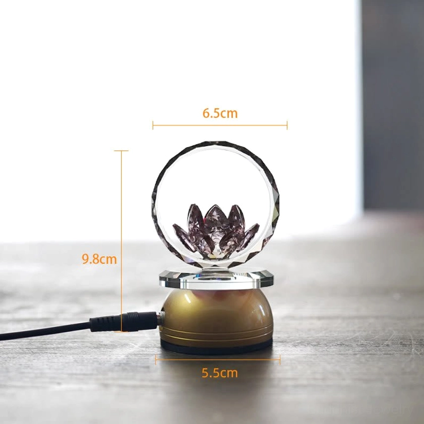 Small lotus crystal night light with copper brass base, compact meditation sanctuary