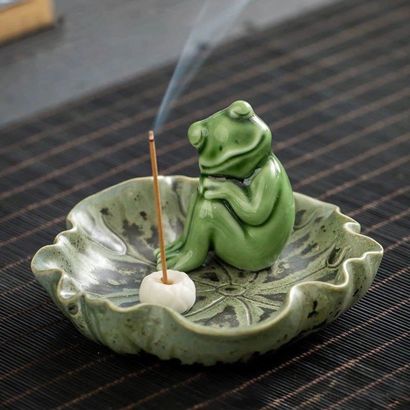 Lotus leaf resting frog ceramic incense burner, relaxed pose meditation design