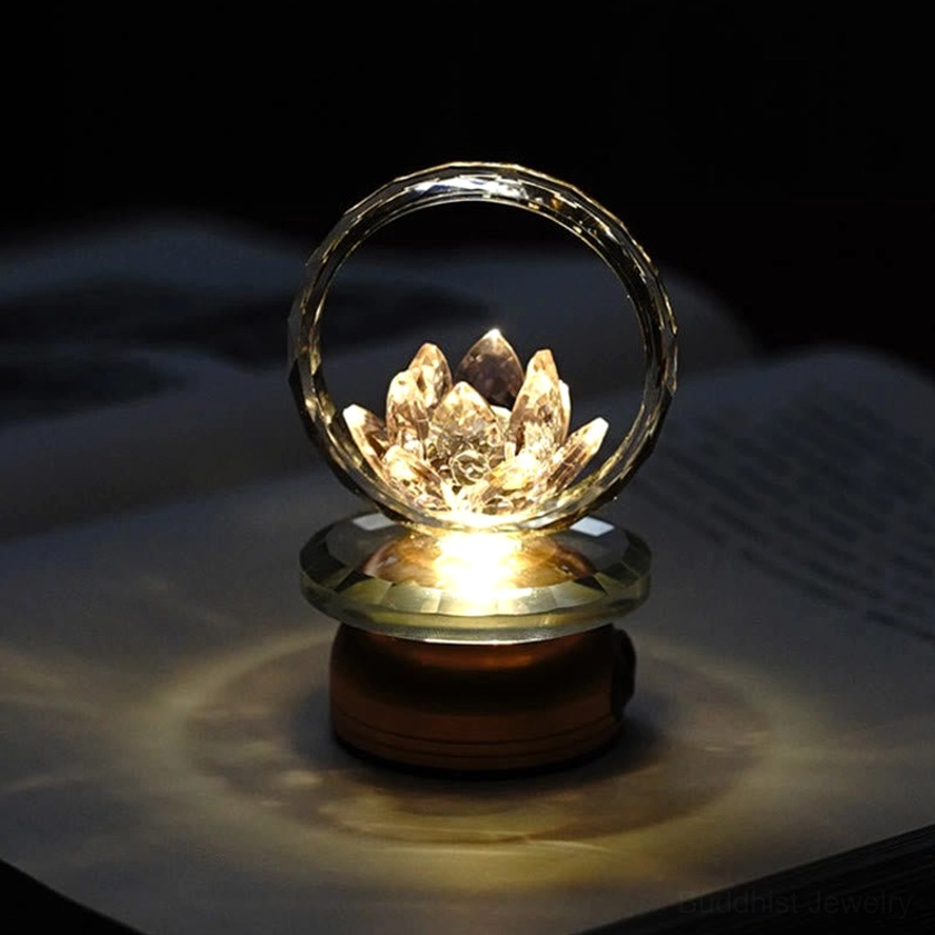 Golden faceted crystal hoop lotus night light with warm glow and copper brass base