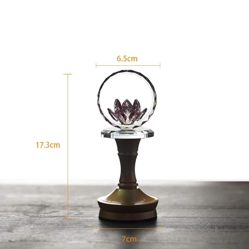 Large rechargeable lotus crystal LED lamp with copper brass base, premium spiritual décor