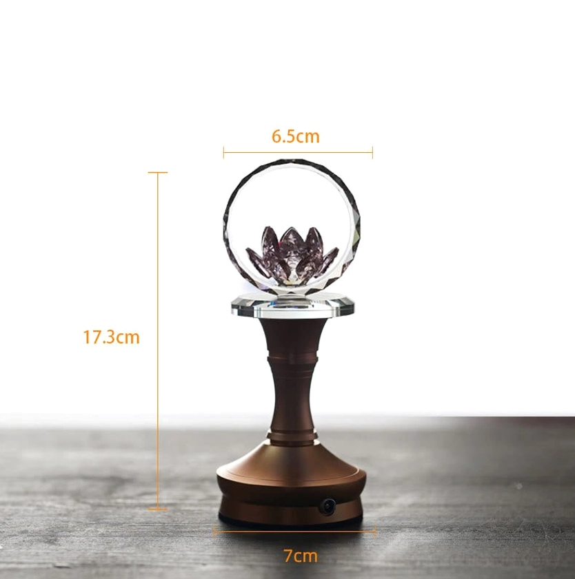 Rechargeable lotus crystal LED lamp with aluminum base and faceted hoop display