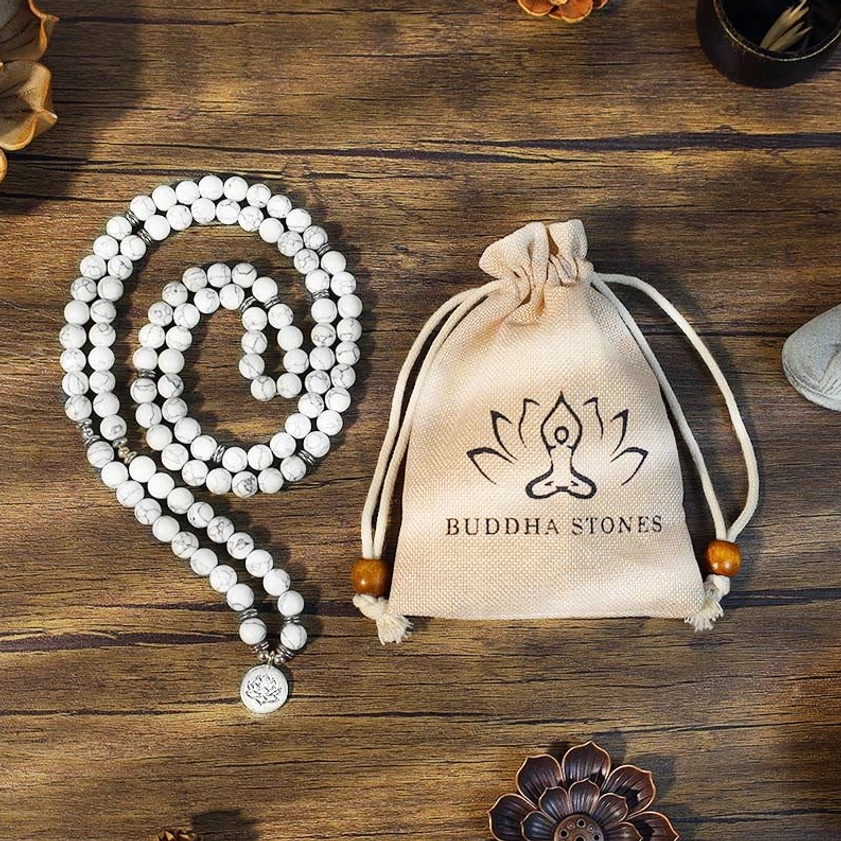 Coiled white turquoise 108 bead lotus mala bracelet spiral arrangement with silver and wooden spacers and lotus pendant charm
