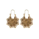 Antique gold lotus mandala drop earrings with intricate hand-carved filigree design, flat lay top view on white background