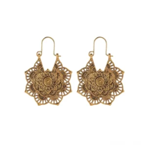 Antique gold lotus mandala drop earrings with intricate hand-carved filigree design, flat lay top view on white background